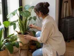 Persona regando y agrupando plantas de interior junto a una ventana antes de preparar una maleta