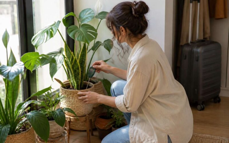 Persona regando y agrupando plantas de interior junto a una ventana antes de preparar una maleta