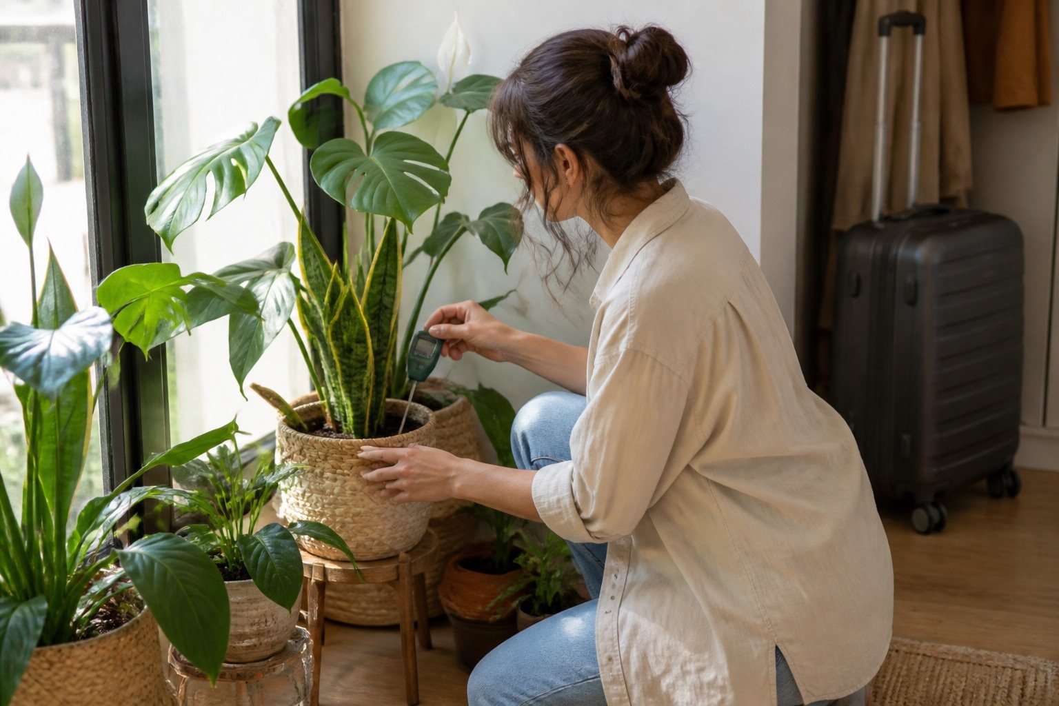 Persona regando y agrupando plantas de interior junto a una ventana antes de preparar una maleta