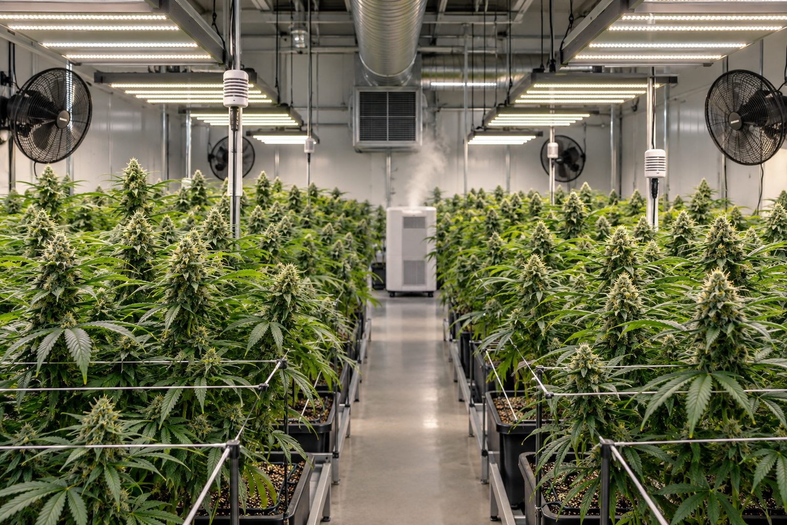Cultivo de marihuana en un espacio controlado con ventilación y sensores ambientales
