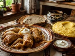 Sarmale con mamaliga, crema agria y pan sobre una mesa rumana