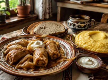 Sarmale con mamaliga, crema agria y pan sobre una mesa rumana
