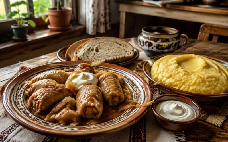 Sarmale con mamaliga, crema agria y pan sobre una mesa rumana
