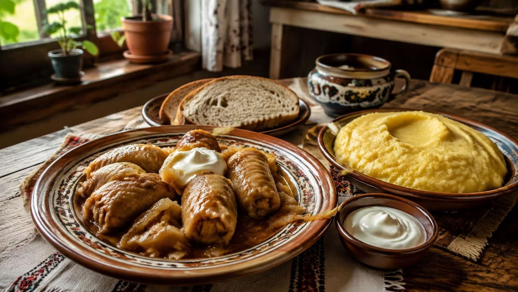 Sarmale con mamaliga, crema agria y pan sobre una mesa rumana