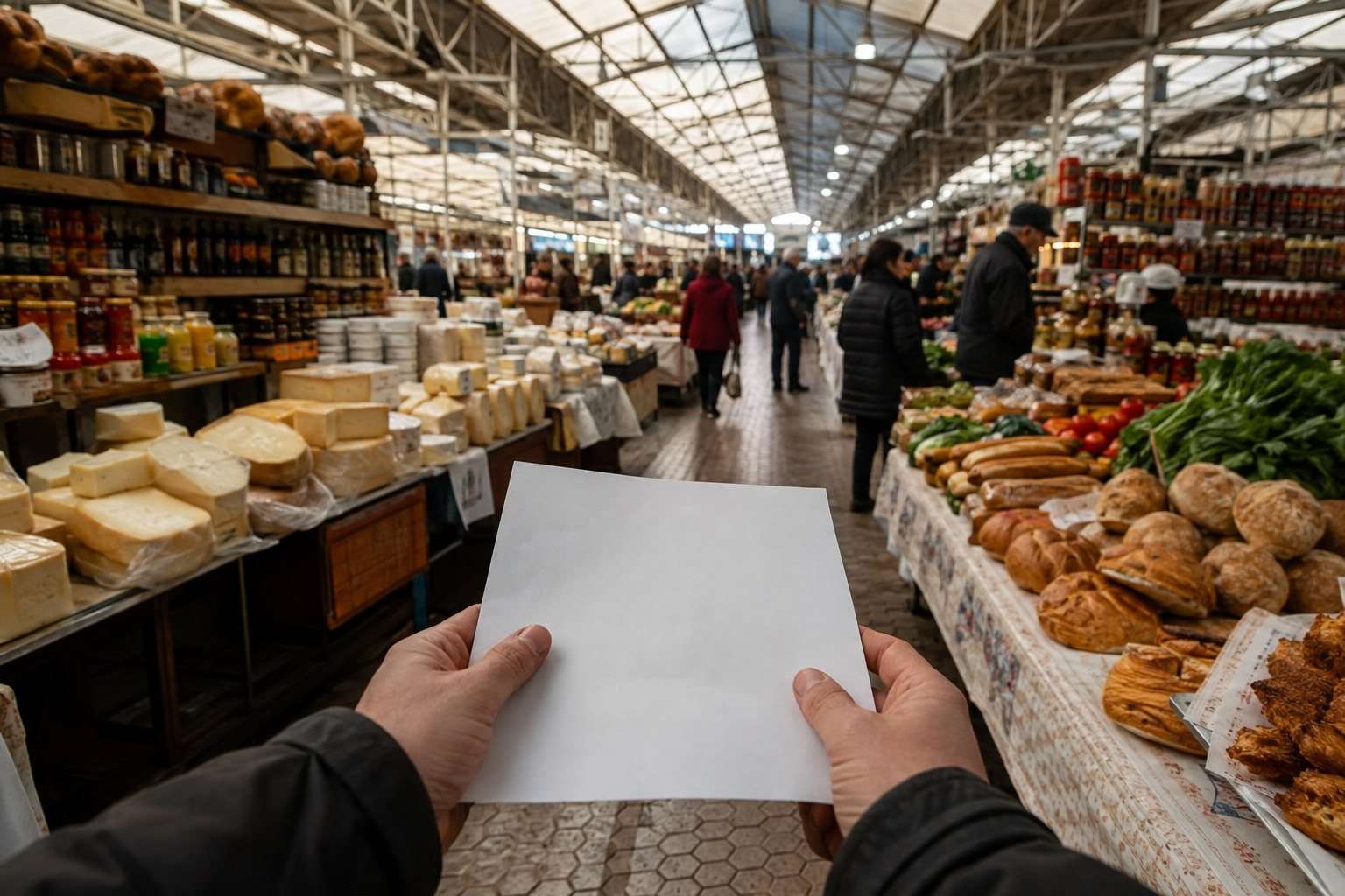 Mercado rumano con quesos, panes, verduras y conservas