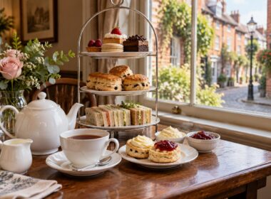 Té con leche, scones con nata y mermelada, sándwiches y dulces en la mesa de un salón de té inglés