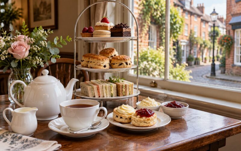 Té con leche, scones con nata y mermelada, sándwiches y dulces en la mesa de un salón de té inglés