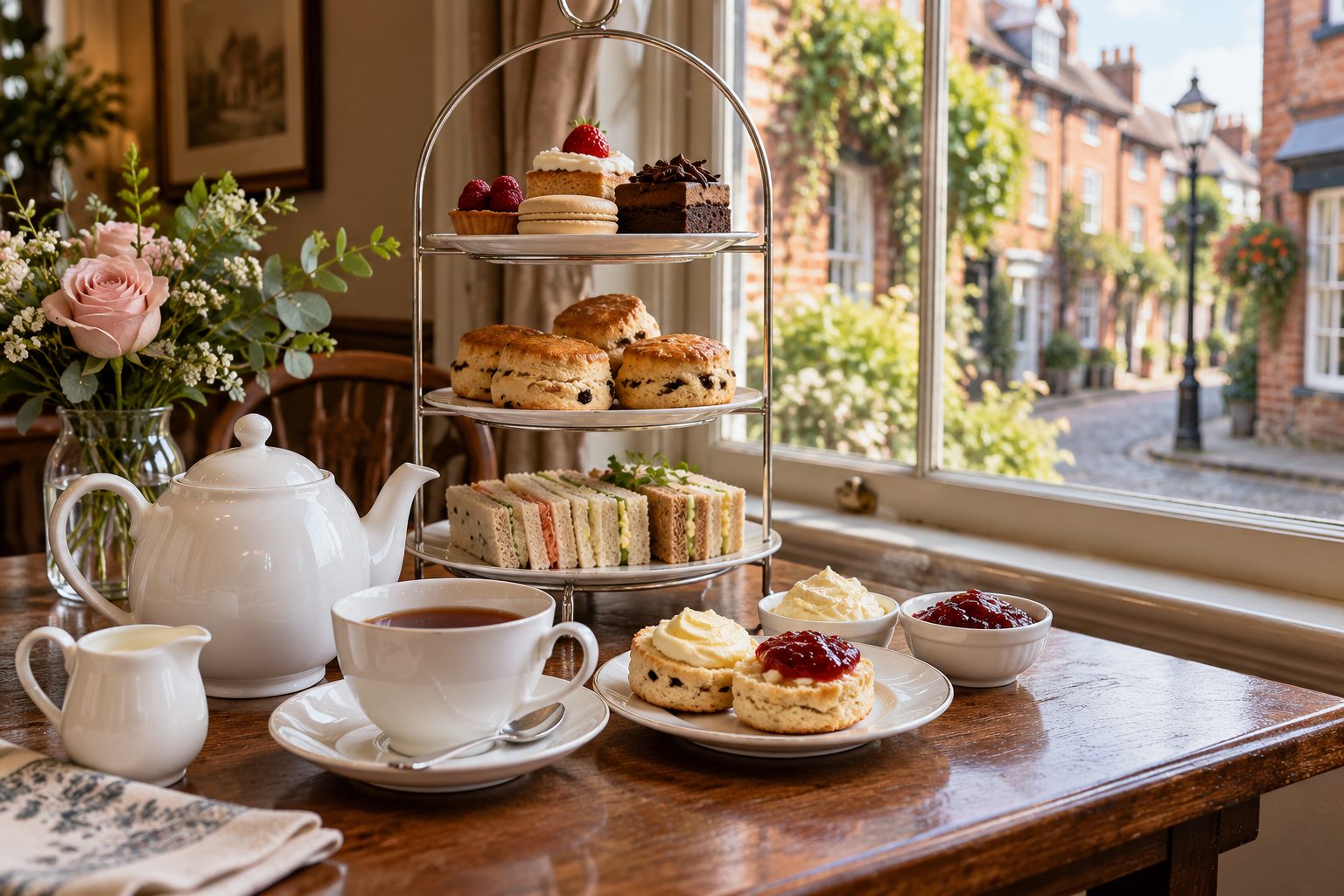 Té con leche, scones con nata y mermelada, sándwiches y dulces en la mesa de un salón de té inglés