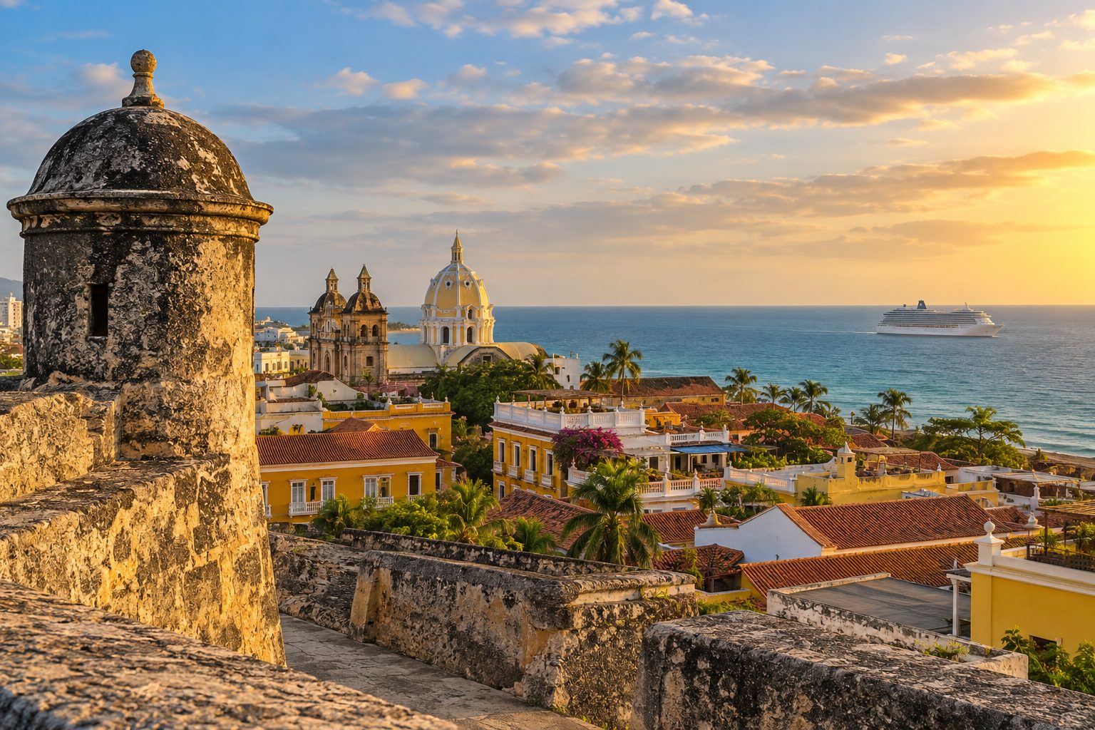 Murallas y arquitectura colonial de Cartagena de Indias junto al Caribe con un crucero distante