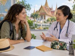Viajera y profesional sanitaria durante una consulta, con una libreta de vacunación cerrada y un neceser sobre la mesa