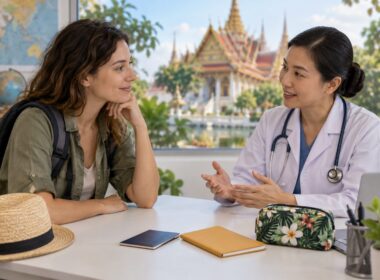 Viajera y profesional sanitaria durante una consulta, con una libreta de vacunación cerrada y un neceser sobre la mesa