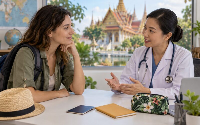 Viajera y profesional sanitaria durante una consulta, con una libreta de vacunación cerrada y un neceser sobre la mesa