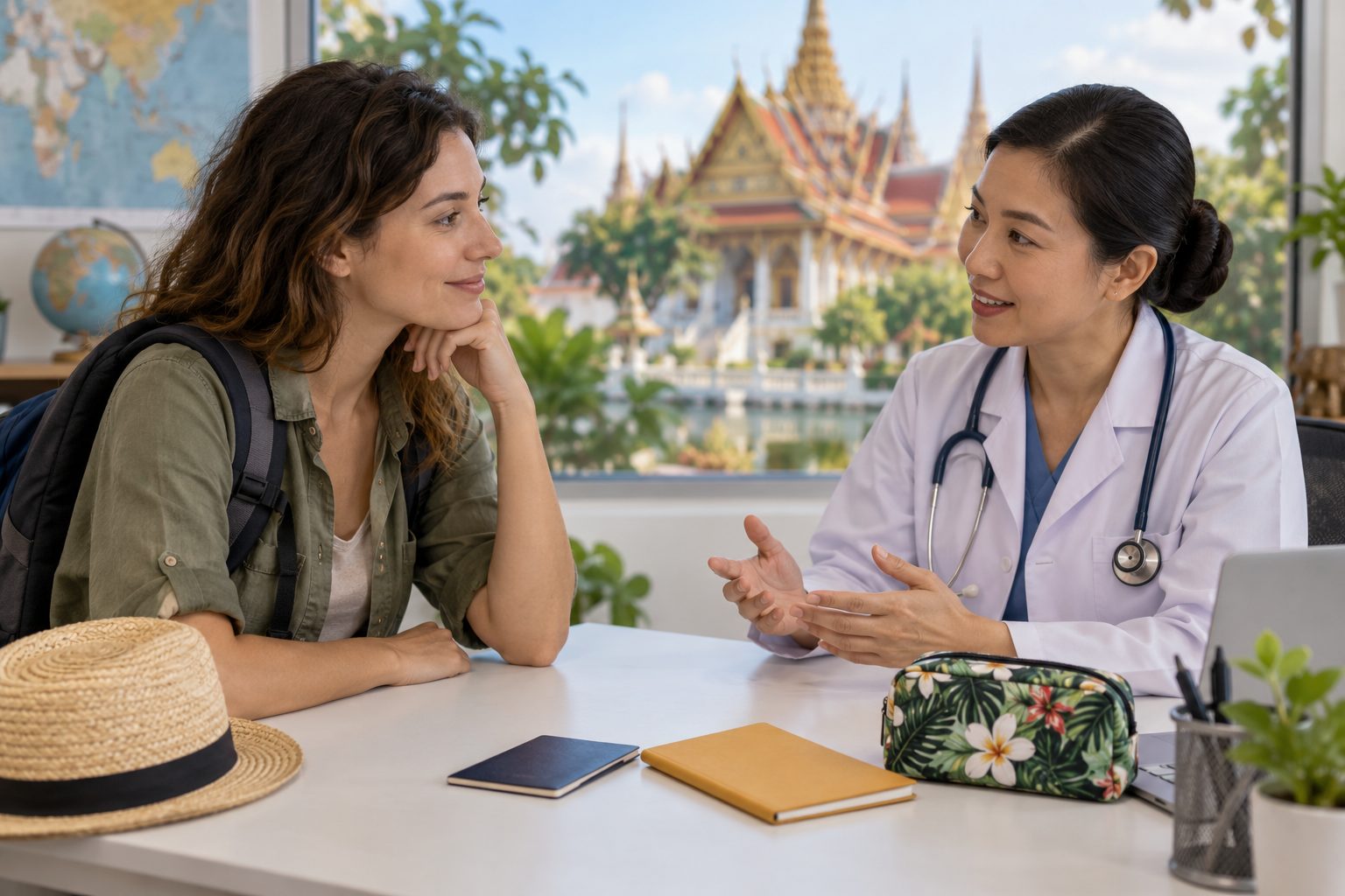 Viajera y profesional sanitaria durante una consulta, con una libreta de vacunación cerrada y un neceser sobre la mesa